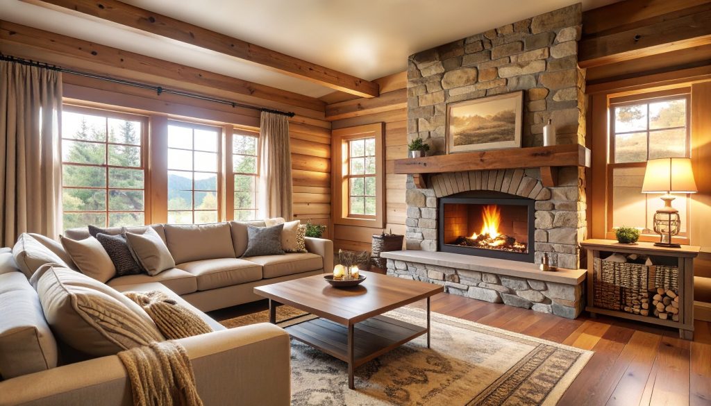 Cozy living room with warm lighting, wooden ceiling, comfortable